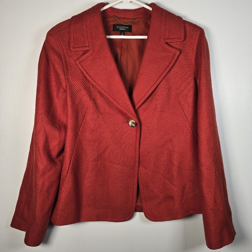 Talbots Womens Burnt Orange Wool Blend Textured Ribbed Blazer Jacket Size 14